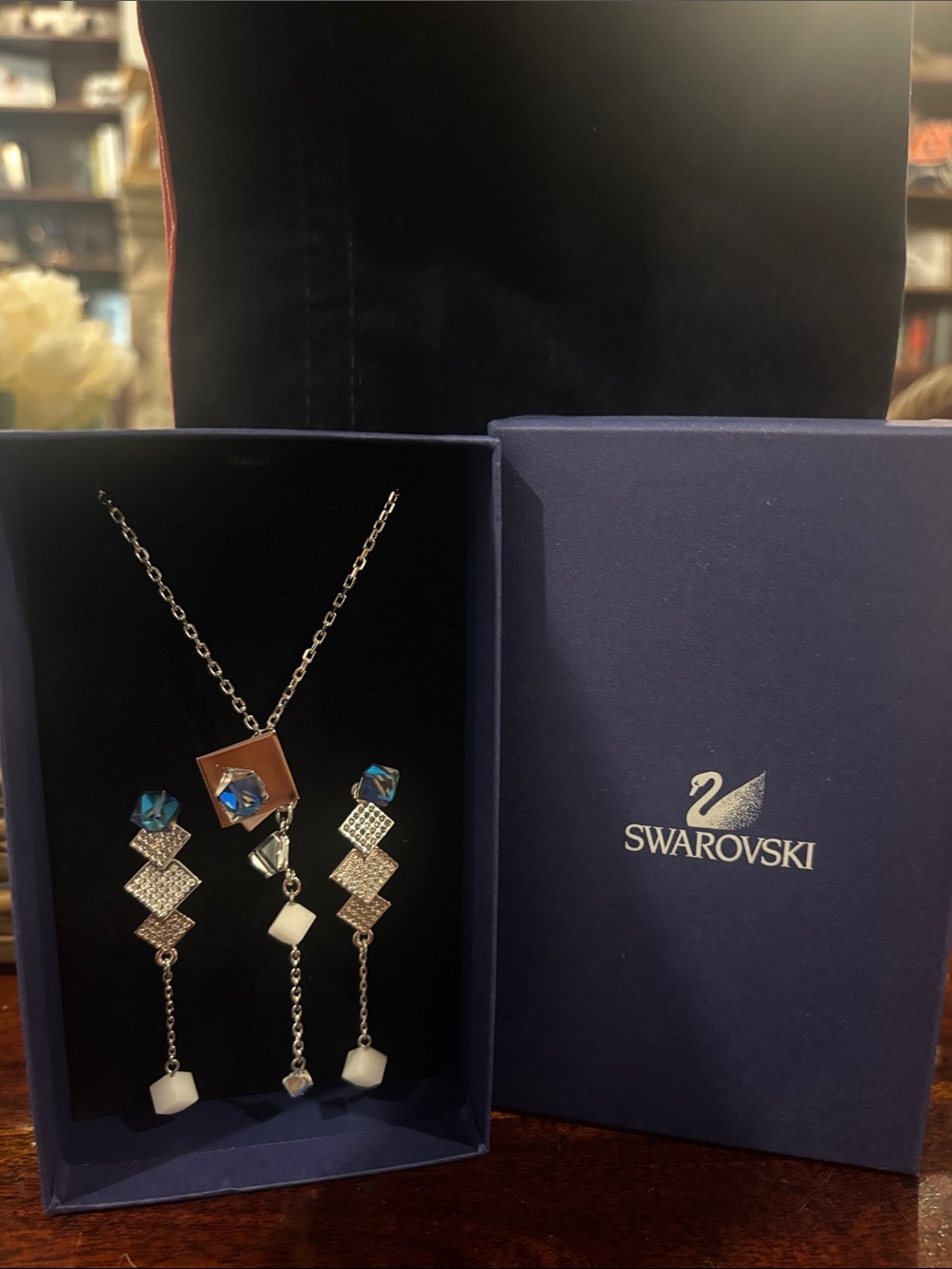 Swarovski Silver Necklace and Blue Crystal Drop Earrings Set